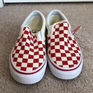 Red checkered slip on vans